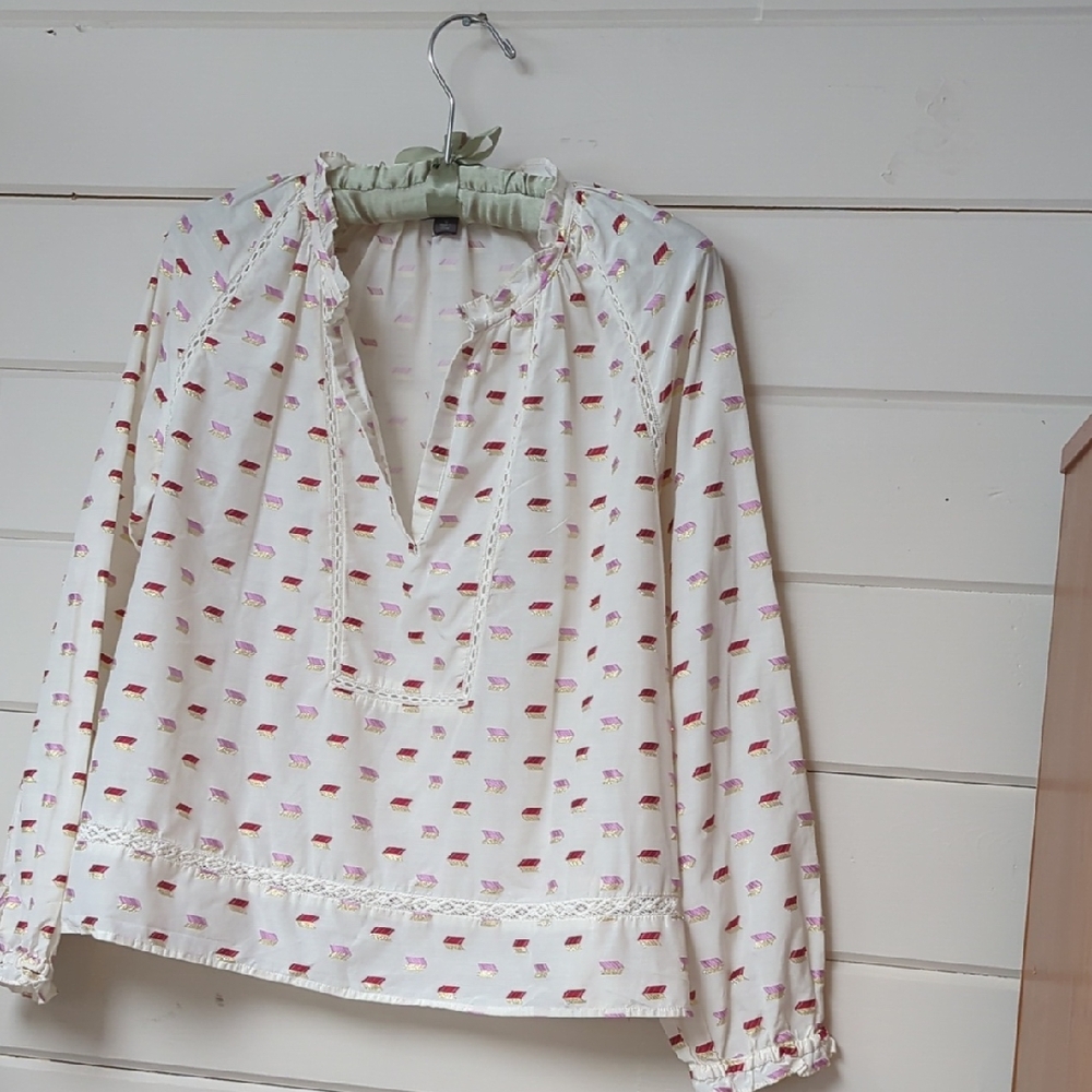 Anthropology Blouse Off White/Pink Red/ Gold